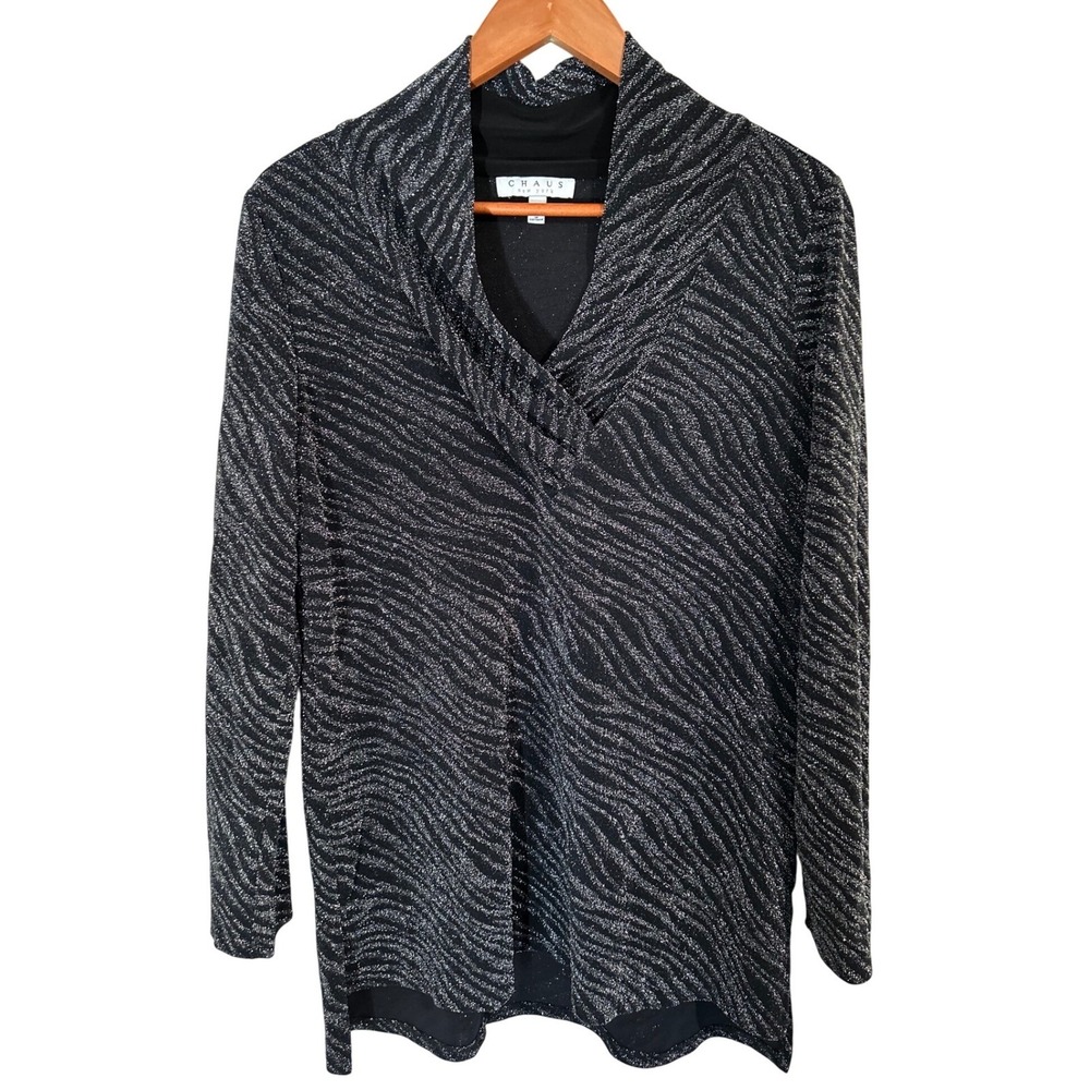 Chaus New York Black Long-Sleeve V-Neck Top with Silver Metallic Thread Size Med